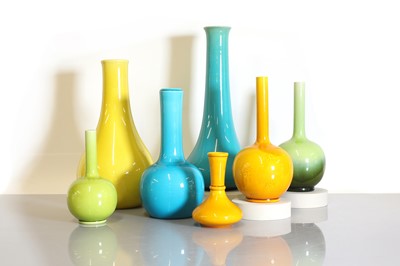 Lot 53 - A collection of seven Burmantofts Pottery coloured vases