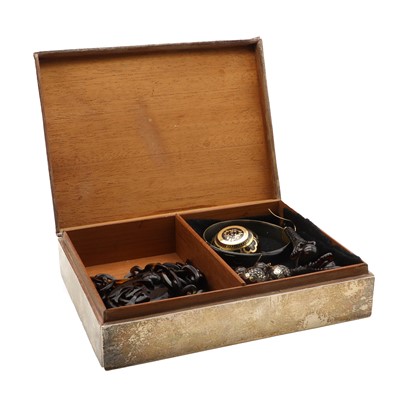 Lot 180 - A silver cigarette box containing a collection of Victorian tortoiseshell jewellery