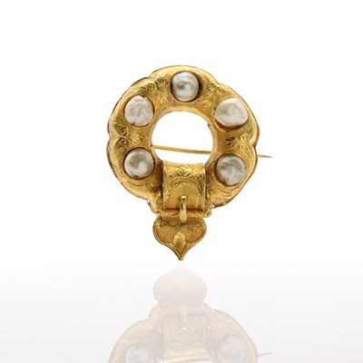 Lot 3 - A Victorian gold and blister pearl garter brooch