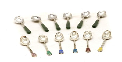 Lot 37 - A cased set of six jade and silver teaspoons