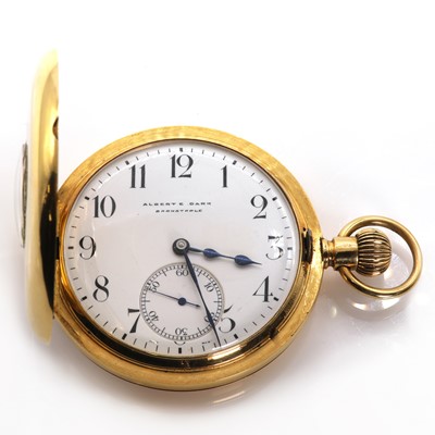 Lot 278 - An 18ct gold side wind half hunter pocket watch, by Albert E. Dark of Barnstaple