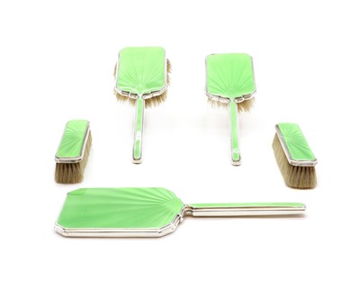 Lot 52 - An enamel and silver dressing table set