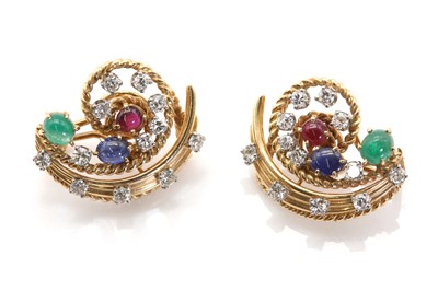 Lot 66 - A pair of American emerald, sapphire, ruby and diamond clip earrings, c.1950