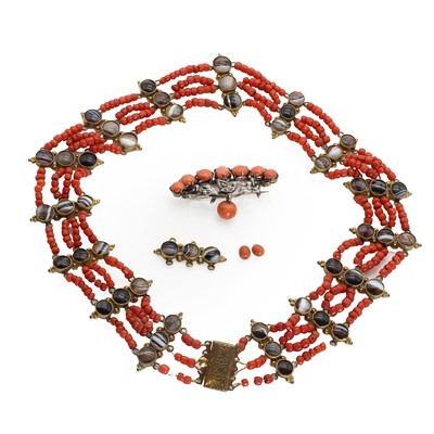 Lot 1016 - A group of antique and later operculum and coral set jewellery