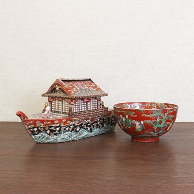 Lot 213 - A Japanese Kutani ware junk boat