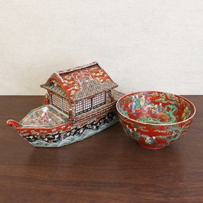 Lot 213 - A Japanese Kutani ware junk boat