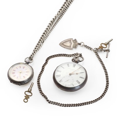 Lot 239 - Two silver pocket watches with chains