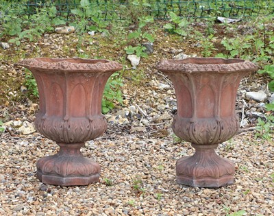 Lot 455 - A pair of Gothic style terracotta urns