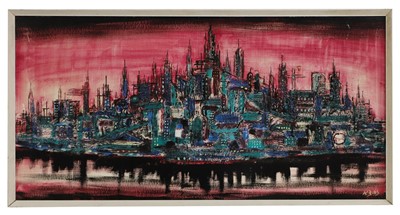 Lot 396 - An unusual 1960s brutalist-style painting of a Futurist world