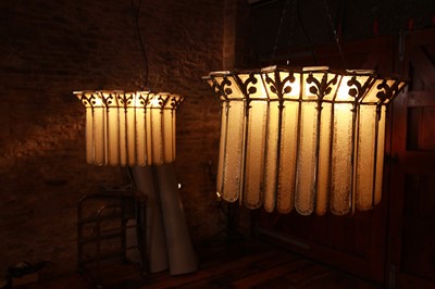 Lot 37 - A pair of Art Deco frosted glass and brass cinema lights