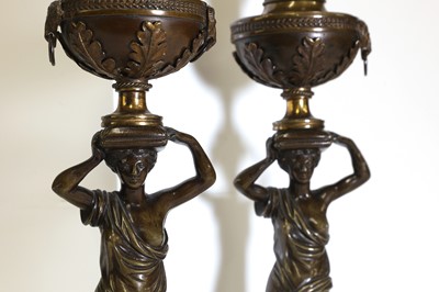 Lot 46 - A pair of Louis XVI patinated bronze and white marble candlesticks