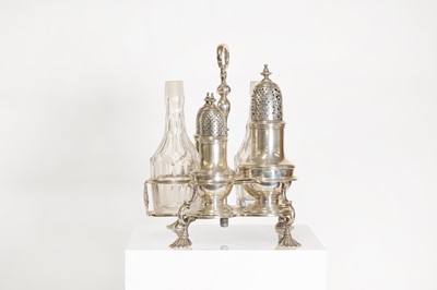 Lot 21 - A George II silver and cut-glass cruet set