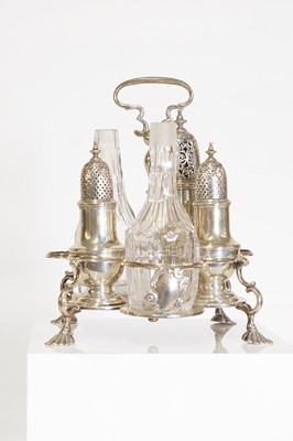 Lot 21 - A George II silver and cut-glass cruet set