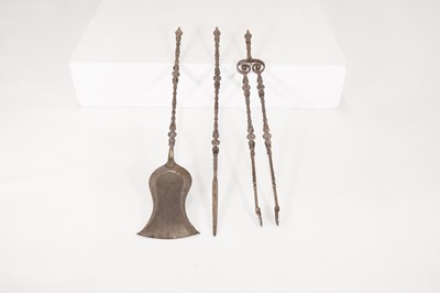 Lot 101 - A set of Charles II-style steel and silver fire tools