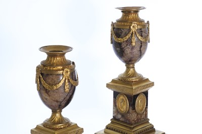 Lot 30 - A pair of George III Derbyshire Blue John and ormolu 'Cleopatra' candle vases