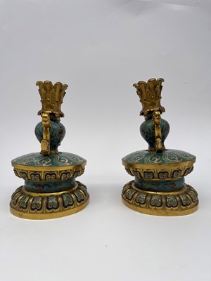 Lot 41 - A pair of gilt-metal-mounted cloisonné candlesticks