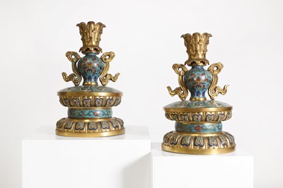 Lot 41 - A pair of gilt-metal-mounted cloisonné candlesticks