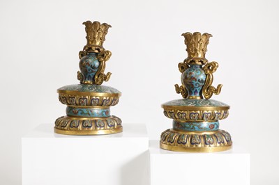 Lot 41 - A pair of gilt-metal-mounted cloisonné candlesticks