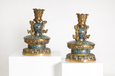 Lot 41 - A pair of gilt-metal-mounted cloisonné candlesticks