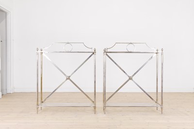 Lot 142 - A pair of modernist metal and glass console tables