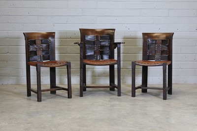 Lot 100 - Three Glasgow School of Arts and Crafts oak and leather chairs