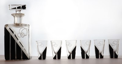Lot 152 - A Czech enamelled and engraved glass liqueur set