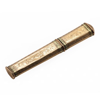 Lot 2 - An antique French gold bright cut engraved needle case, c.1800