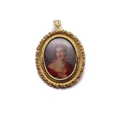 Lot 1201 - An 18ct gold mounted miniature portrait brooch pendant