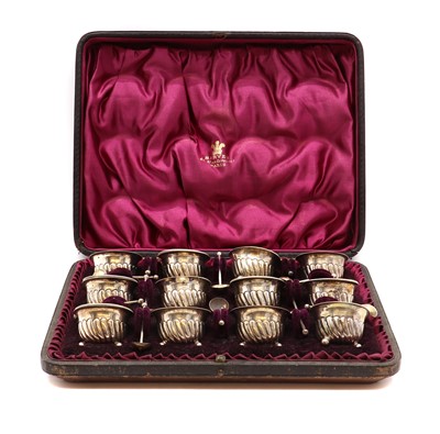 Lot 5 - A cased set of twelve silver salts and spoons