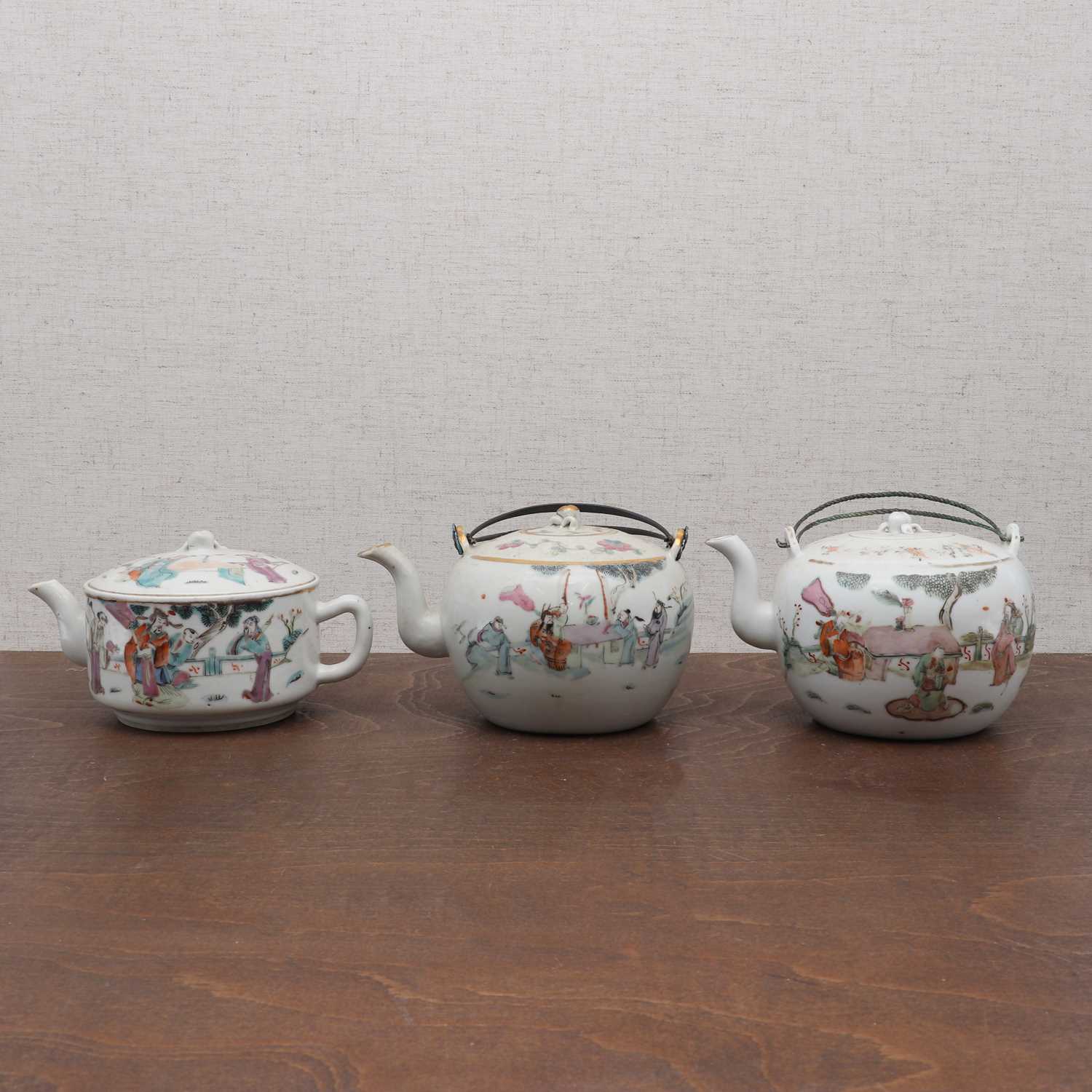 Lot 386 - Three Chinese qianjiang-enamelled teapots