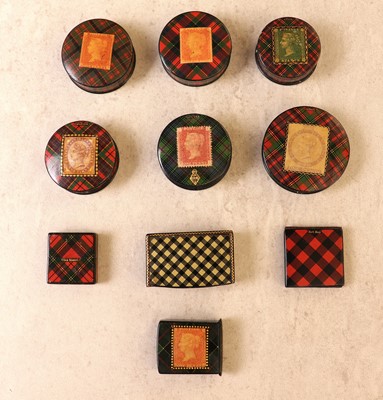 Lot 111 - A collection of ten Tartan Ware stamp boxes