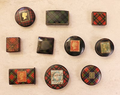 Lot 114 - A collection of ten Tartan Ware stamp boxes