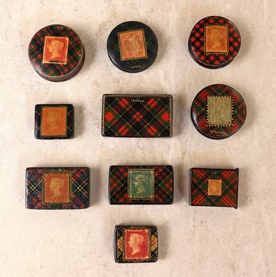 Lot 112 - A collection of ten Tartan Ware stamp boxes