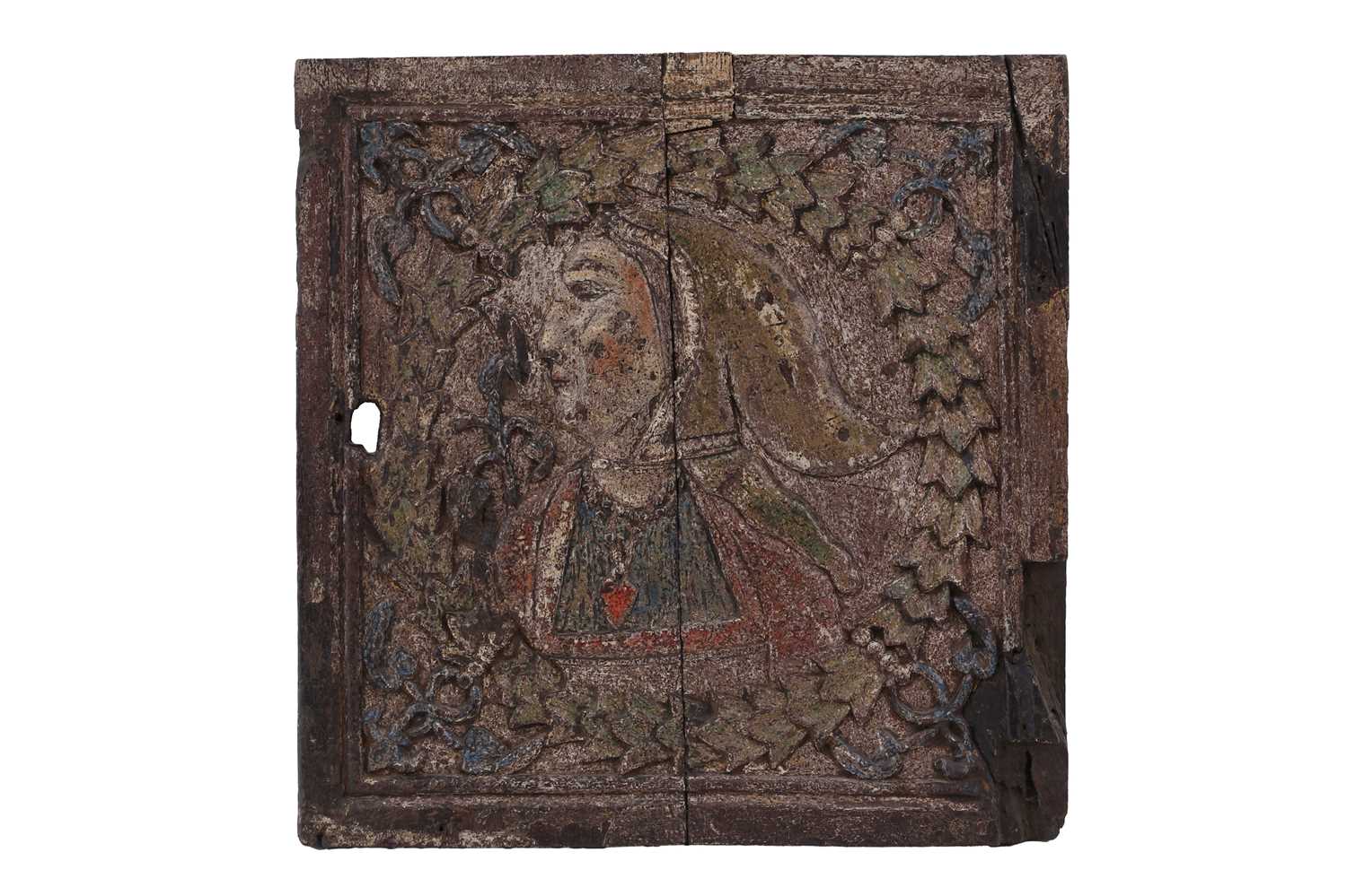 Lot 348 - A carved and polychrome-painted Romayne oak door panel