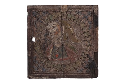 Lot 348 - A carved and polychrome-painted Romayne oak door panel