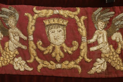 Lot 347 - A silk and velvet embroidered table runner or panel