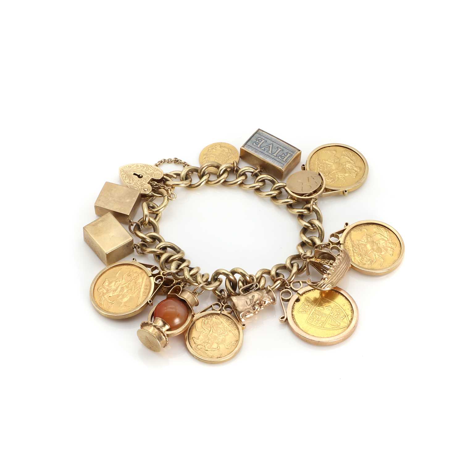 Lot 1410 A 9ct gold curb link charm bracelet with