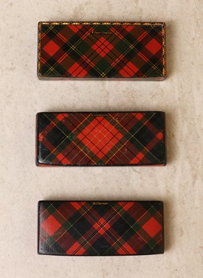 Lot 120 - A group of three converted three-division Tartan Ware stamp boxes