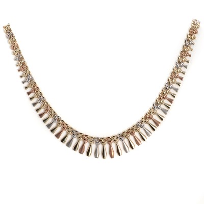 Lot 1197 - A 9ct gold three colour Cleopatra style fringed necklace