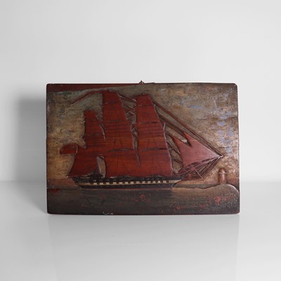 Lot 170 - A sailor's folk art carved wooden panel of a British warship