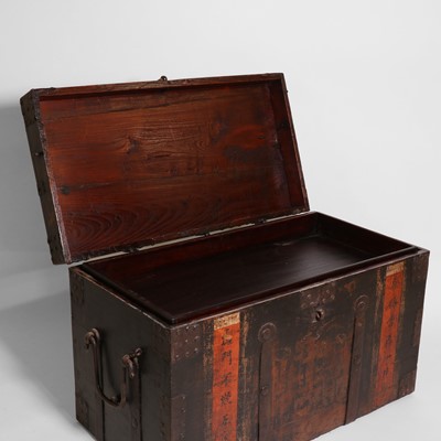 Lot 125 - A painted elm and iron-bound trunk