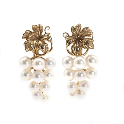 Lot 193 - A cased pair of cultured pearl, grape and vine leaf drop earrings, by Mikimoto