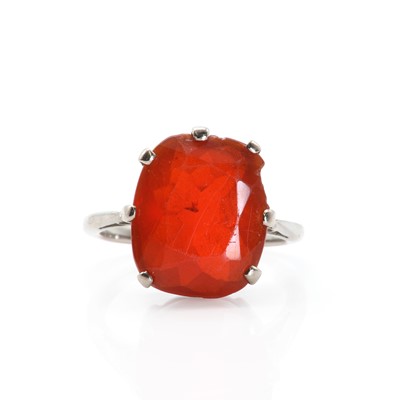Lot 26 - An early 20th century large cushion cut fire opal ring, c.1915