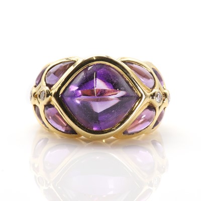 Lot 112 - An 18ct gold amethyst and diamond ring retailed by David Morris, c.1990