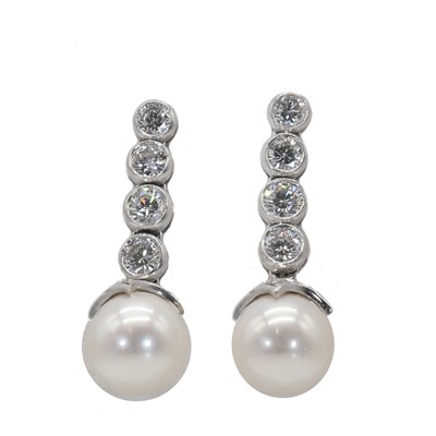 Lot 142 - A pair of 18ct white gold cultured pearl and diamond drop earrings