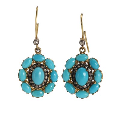 Lot 1151 - A pair of silver gilt turquoise and rose cut diamond drop earrings
