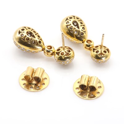 Lot 74 - A pair of 18ct gold and diamond pendant earrings