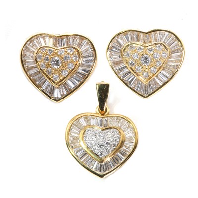 Lot 252 - A heart shaped diamond set pendant and earrings suite