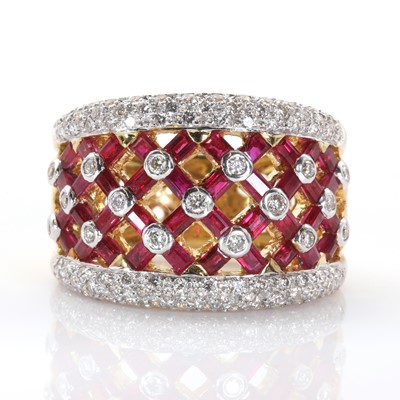 Lot 80 - A ruby and diamond set lattice design ring