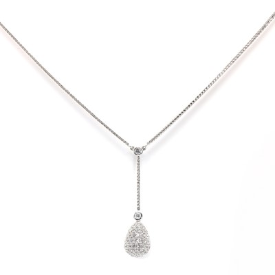 Lot 132 - An 18ct white gold diamond necklace with an egg pendant drop, by Mappin & Webb